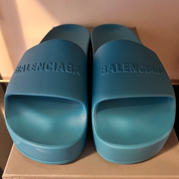 Balenciaga Shoes - Balenciaga Teal Embossed Logo Slide Sandals